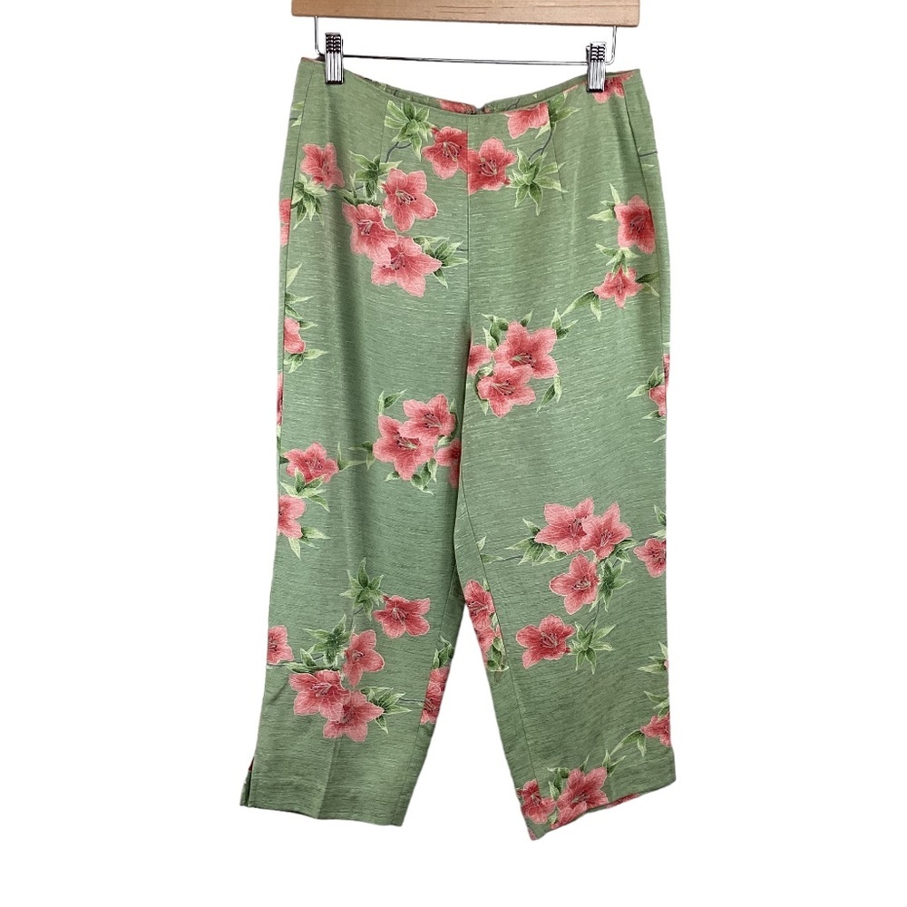 Tommy Bahama 100% Silk Cropped Pants Size 8 Green‎ & Pink Tropical Floral Print